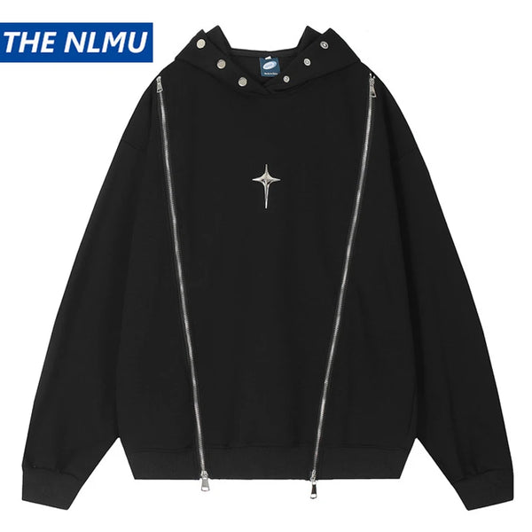 Hip Hop Punk Hoodie Sweatshirt 2023 Autumn Zipper Design Solid Color H