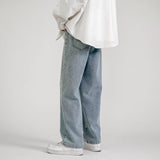 korean fashion mens baggy jeans classic all match solid color straight leg denim wide leg pants male light blue grey black denim street jeans