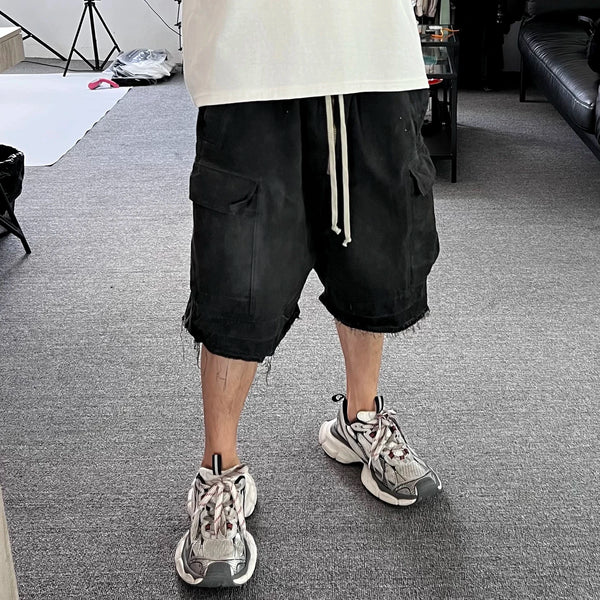ro style ribbons streetwear multi pockets cargo short for men elastic waist wide leg baggy jeans knee length pants loose overall multi-pocket cargos