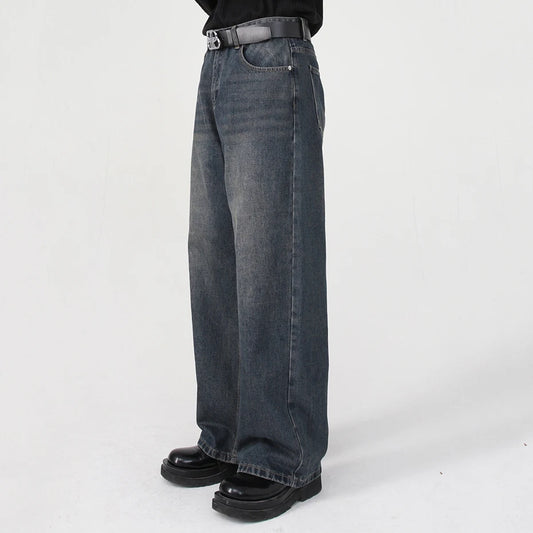men baggy jeans korean fashion loose straight denim pants male blue casual jeans trousers stacked flare jeans