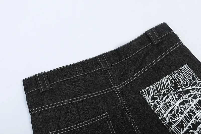 hip hop pockets embroidery letter print jeans shorts for men summer retro oversized wide leg denim knee lenght pants unique jeans style 3643