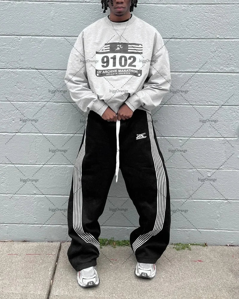american retro classic striped sweatpants hip hop high street oversized wide leg pants men fashion trend versatile streetwear casual joggers