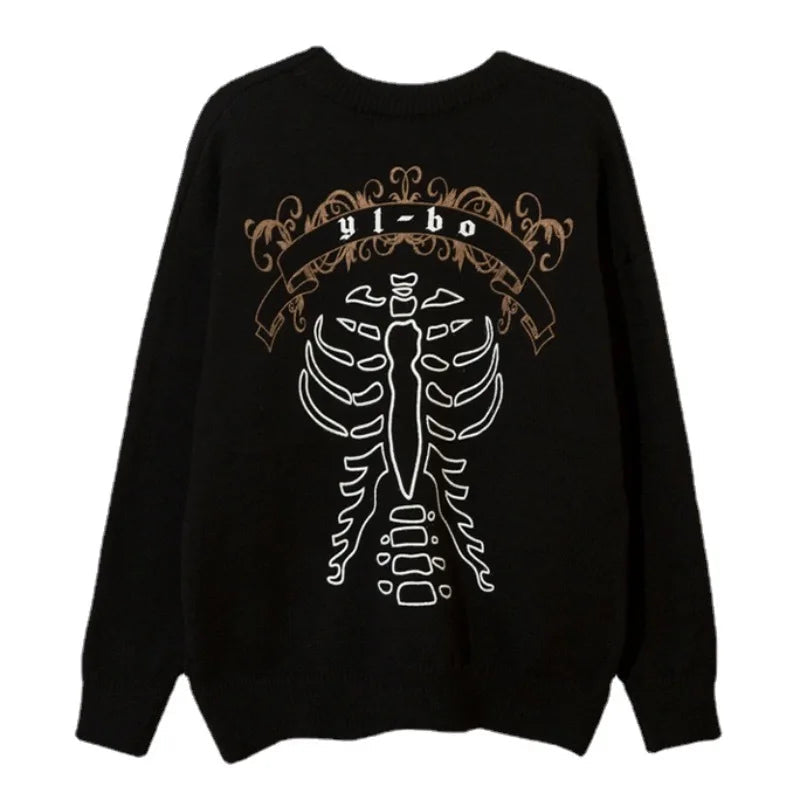 hip hop harajuku skeleton printed knitted sweater unisex pullover streetwear winter casual loose sweater warm jumpers knitwear - oversized streetwear hoodie, Y2K grunge street style, vintage look oversized hoodie