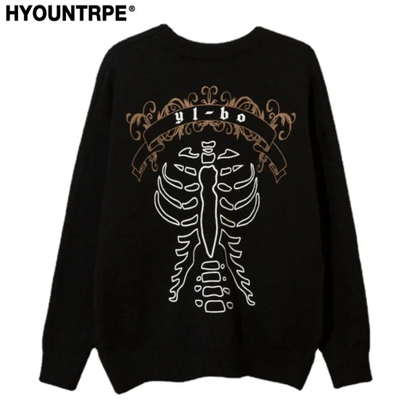 hip hop harajuku skeleton printed knitted sweater unisex pullover streetwear winter casual loose sweater warm jumpers knitwear - oversized streetwear hoodie, Y2K grunge street style, vintage look oversized hoodie