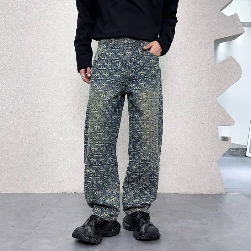 men jacquard loose casual hip hop vibe splice pocket denim baggy jeans pants man streetwear ripped jeans trousers boyfriend unique jeans style 3146