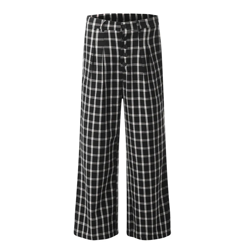 men women american streetwear fashion loose plaid wide leg straight pant boyfriend button down sports casual pants trousers unique default style 1425
