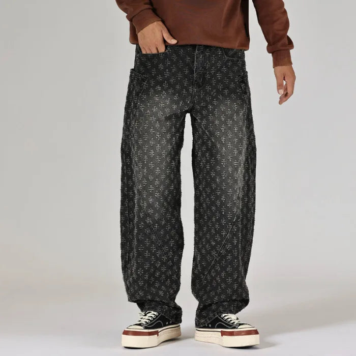 men brand fashion loose casual splice pocket jacquard vintage wide leg baggy jeans cityboy denim baggy jeans pants trousers unique jeans style 2982