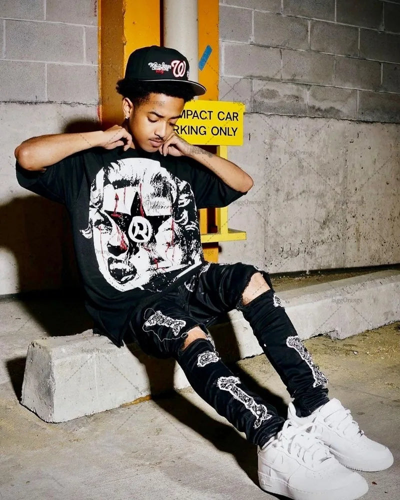 Skatercore Streetwear top – 2024 Summer American High Street Portrait Print Oversized Sh