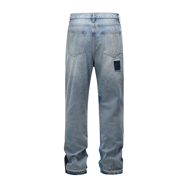 2024 european and american patchwork washed wide denim jeans y2k street wear splicing patches damaged flare pants jeans for men stacked flare jeans