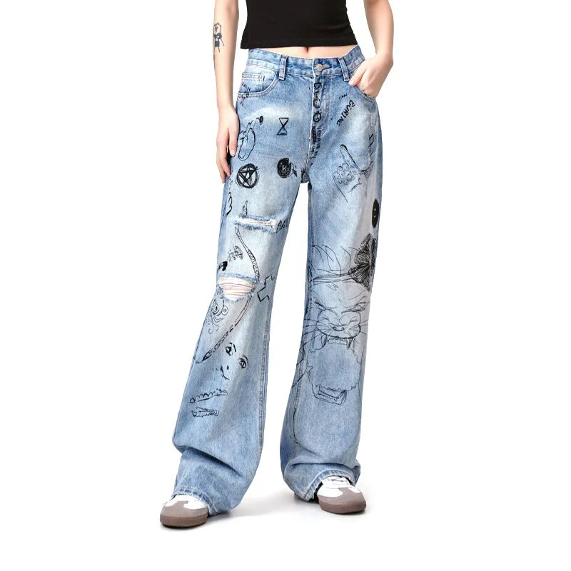 men baggy ripped jeans graffiti printed straight denim pants distressed jeans male streetwear hip hop jeans trousers y2k vintage washed jeans
