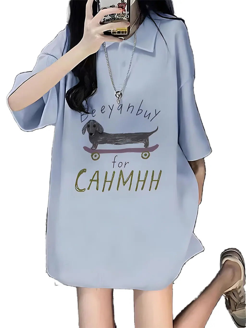 Gothic Vintage print – New 2024 Korean Style Casual Loose Blue Polo Collar Short Sl