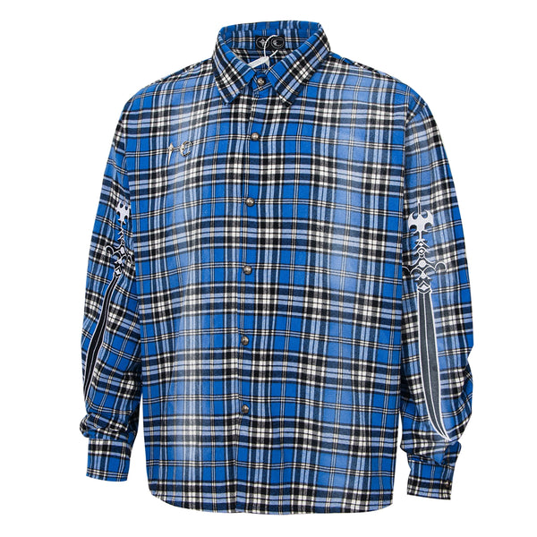 24SS New THUG CLUB Trendy Sword Print High-Street Cotton Vintage Plaid Shirt