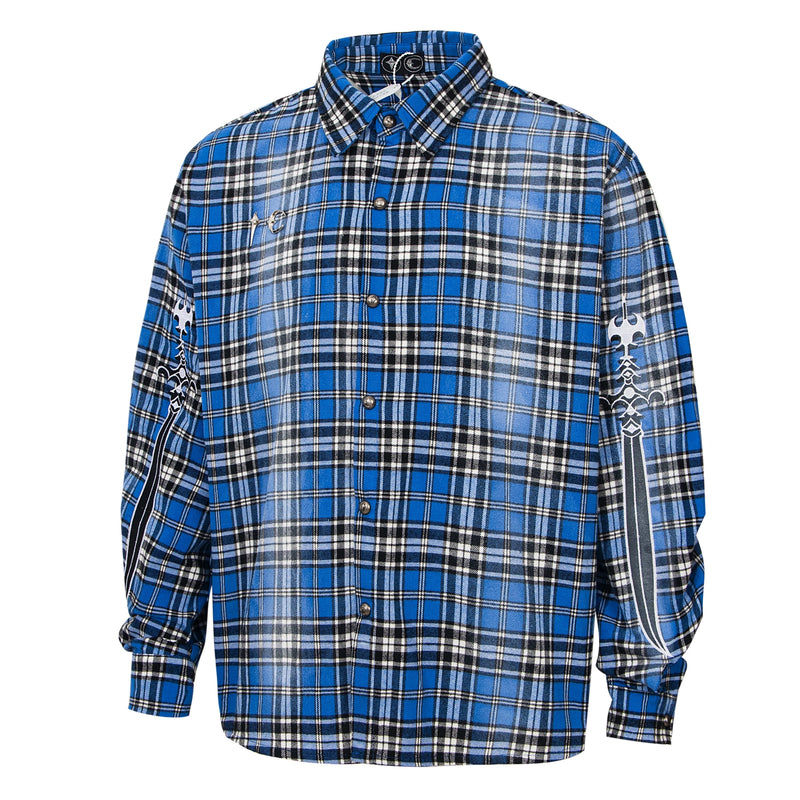 24SS New THUG CLUB Trendy Sword Print High-Street Cotton Vintage Plaid Shirt