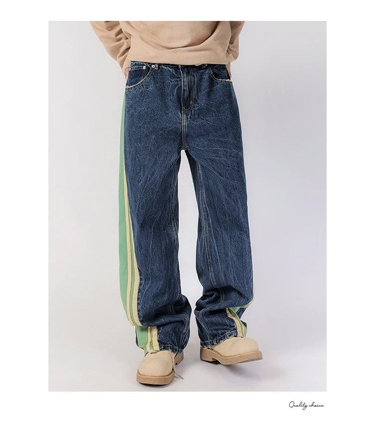 men streetwear fashion side splice hip hop loose casual wide leg straight baggy jeans pant cityboy jeans pants trousers unique jeans style 2614