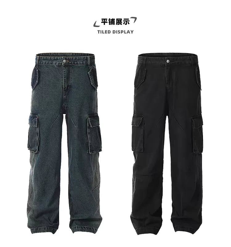 american spring and autumn street trendy personalized work clothes jeans for couples loose retro straight leg casual pants y2k unique jeans style 4984