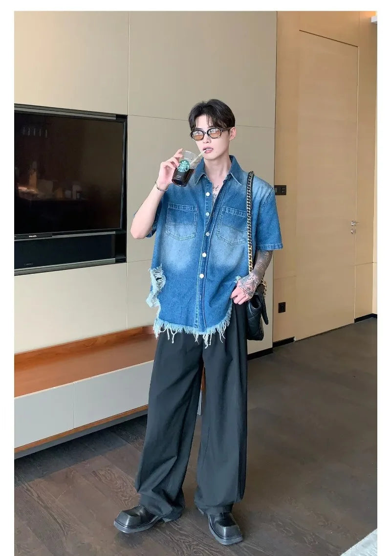 fashion high street mens set 2024 multi pocket short sleeved denim shirt casual straight leg pants 2 pcs set summer suit unisex unique jeans style 4498