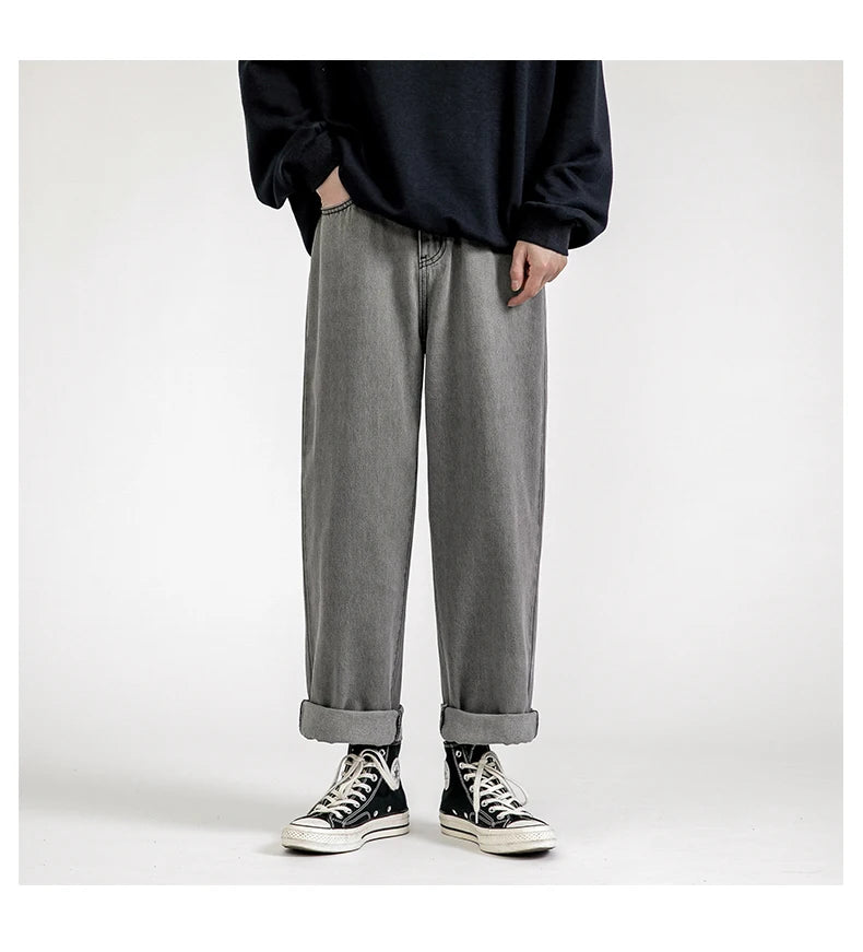 korean fashion mens baggy jeans classic all match solid color straight leg denim wide leg pants male light blue grey black unique jeans style 1147