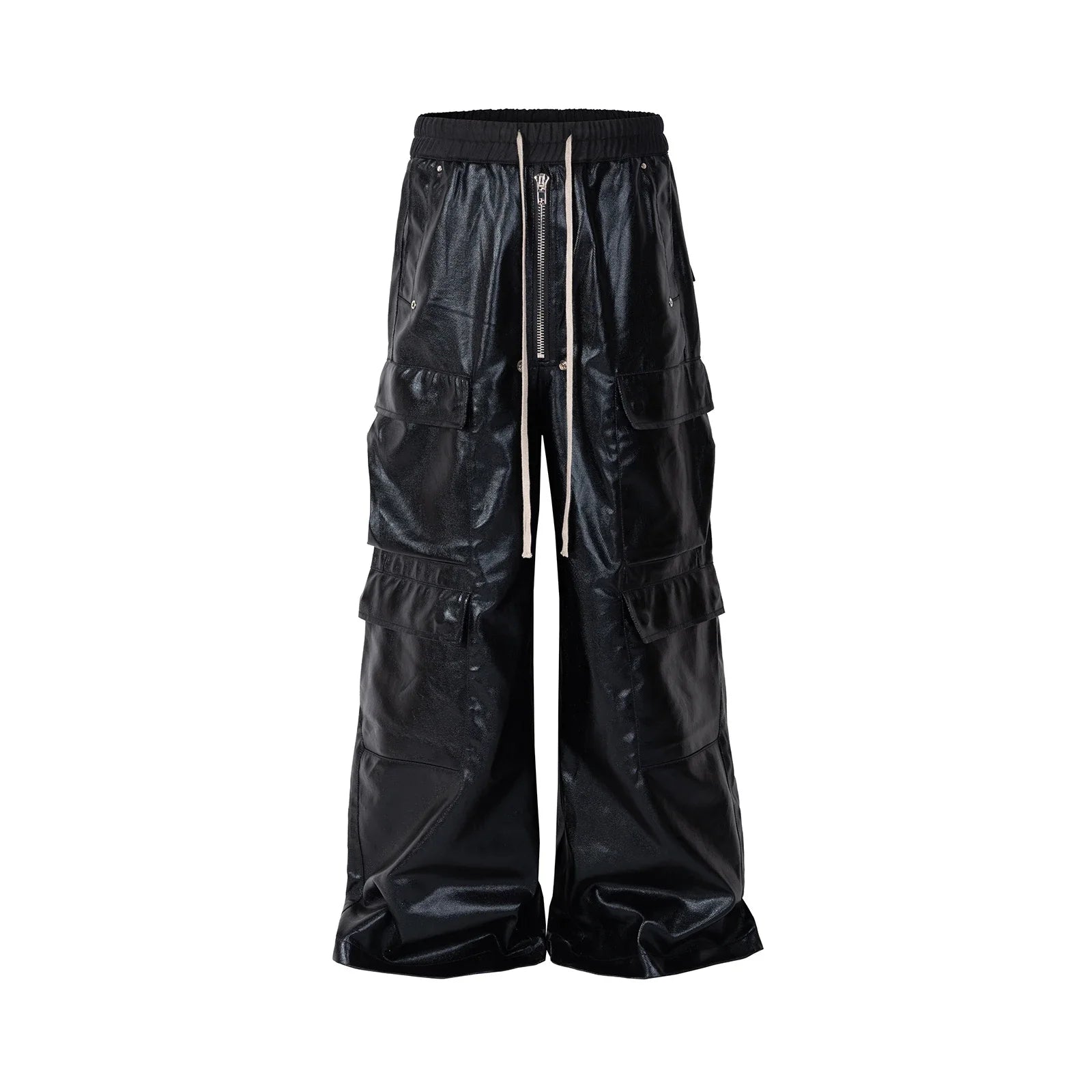 ro style glossy black pu leather pants for men high street y2k pantalones hombre baggy overall wide leg drawstring cargos unique cargo style 5646
