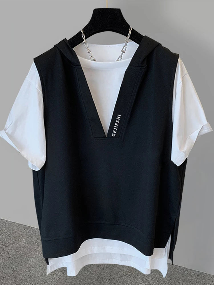 Harajuku Chrome print – Summer Fake Two Piece Hooded T Shirts For Men Letter Embroid