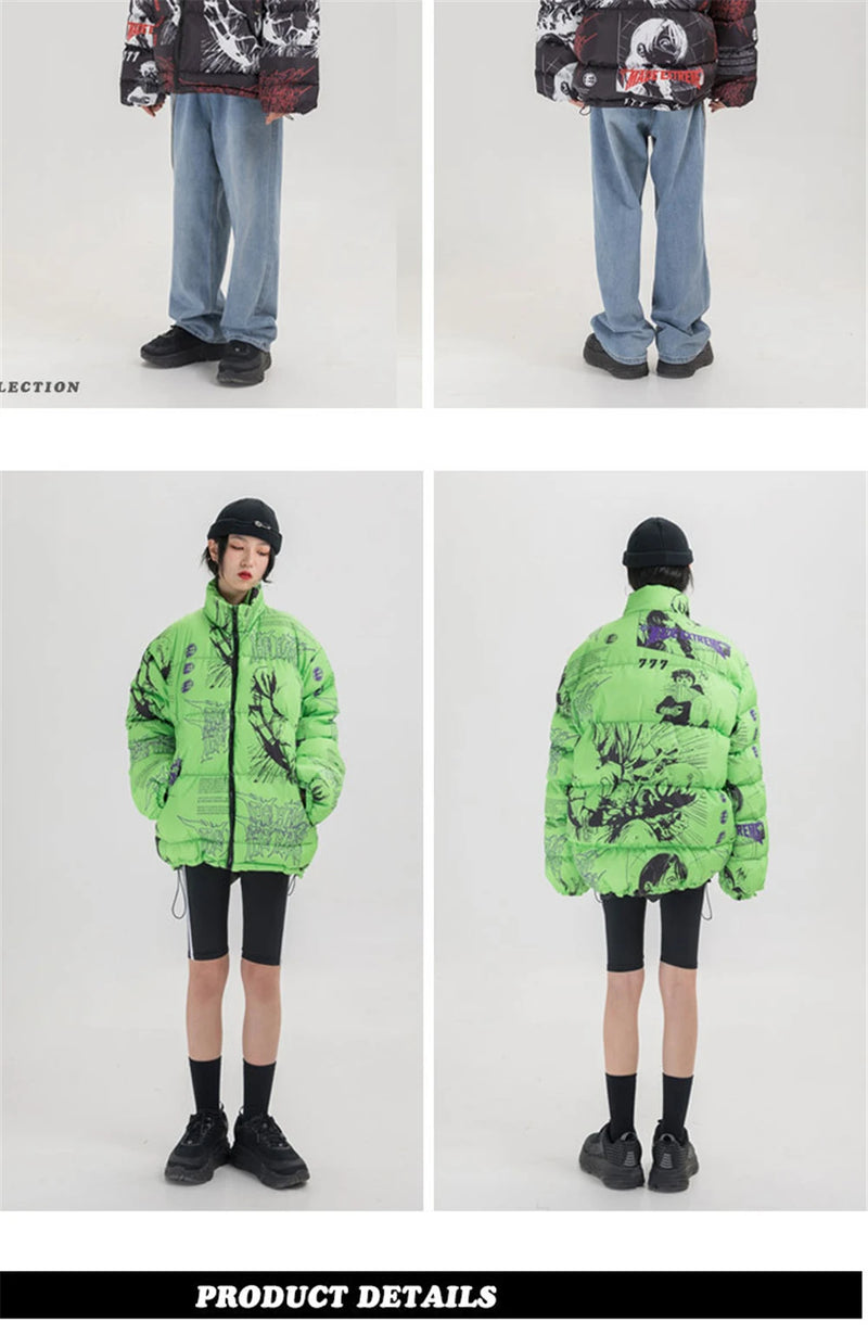 2023 Hip Hop Jacket Parka Men Anime Cartoon Graphic Padded Jacket Coat Warm Winter Streetwear Harajuku Puffer Jackets
