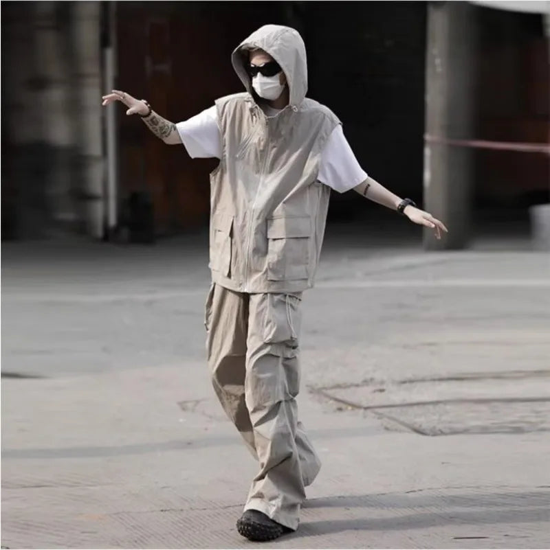 summer casual sleeveless set men hip hop loose hooded vest pockets straight leg cargo pants 2 piece outdoors sports camp suit unique cargo style 4403