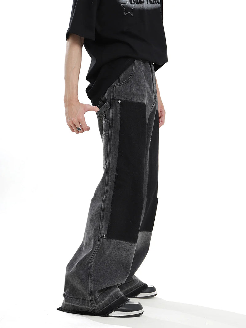hip hop graffiti black wide leg jeans mens vintage distressed patches ink splashed jeans y2k logging cargo denim trousers women unique cargo style 4507