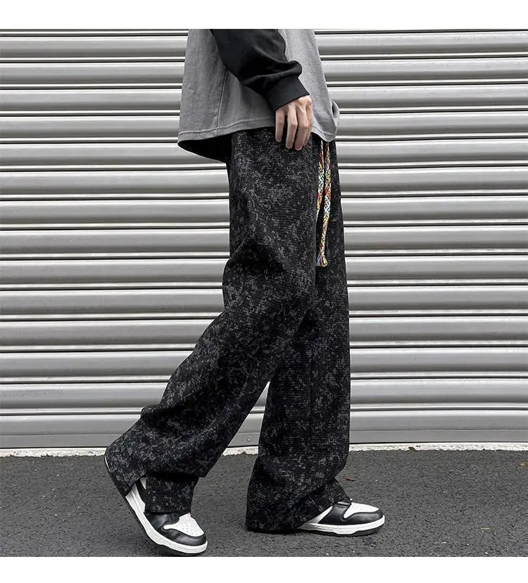 korean style waffle tie dye casual pants high street vibe pants men trendy brand colorful drawstring side slit straight trousers unique default style 2112