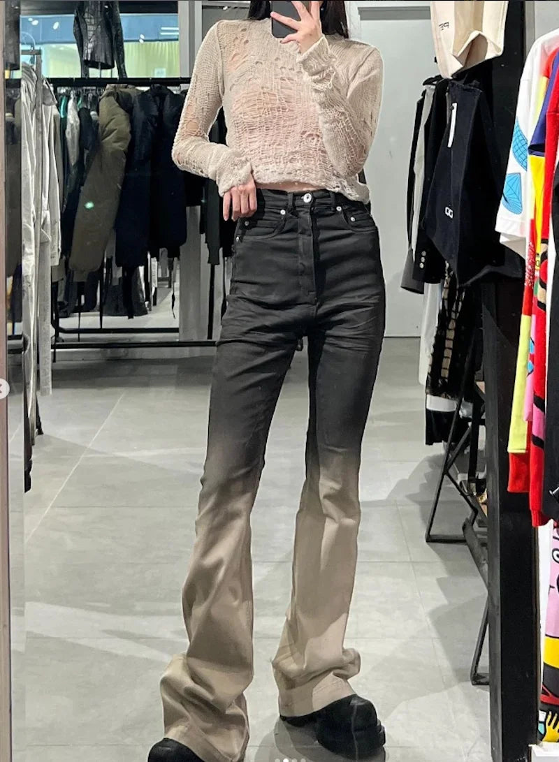 streetwear ro style gradient color baggy stacked baggy flare jeans for men and women straight washed casual denim trousers ripped baggy denim