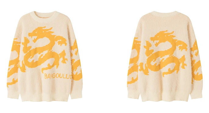 hip hop knitted sweater men winter o neck anime chinese dragon pattern pullover streetwear casual loose sweater jumper knitwear Y2K vintage urban hoodie, trendy hip hop style outerwear, aesthetic street look hoodie