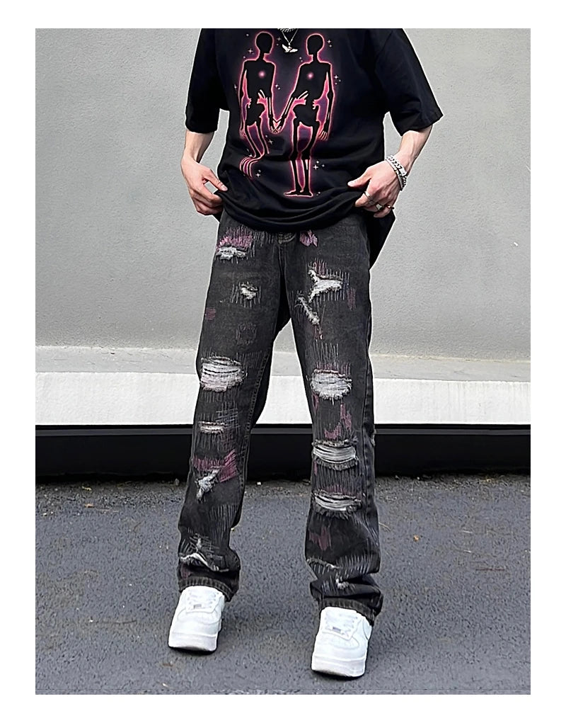 harajuku irregular scratched ripped holes denim jeans men zipper jeans hip hop streetwear new casual straight joggers jean pants unique joggers style 3953