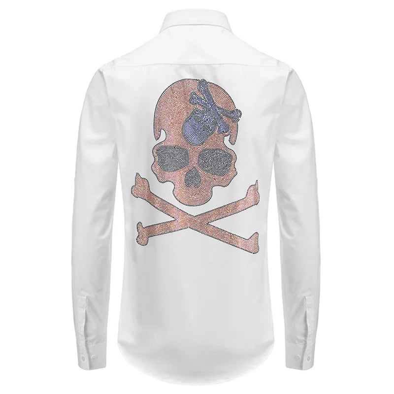 New 2021 Men luxurious Steampunk Skull Monster diamond Fashion Silk Casual Shirts Shirt high Pocket Long-sleeves S 3XL #D279