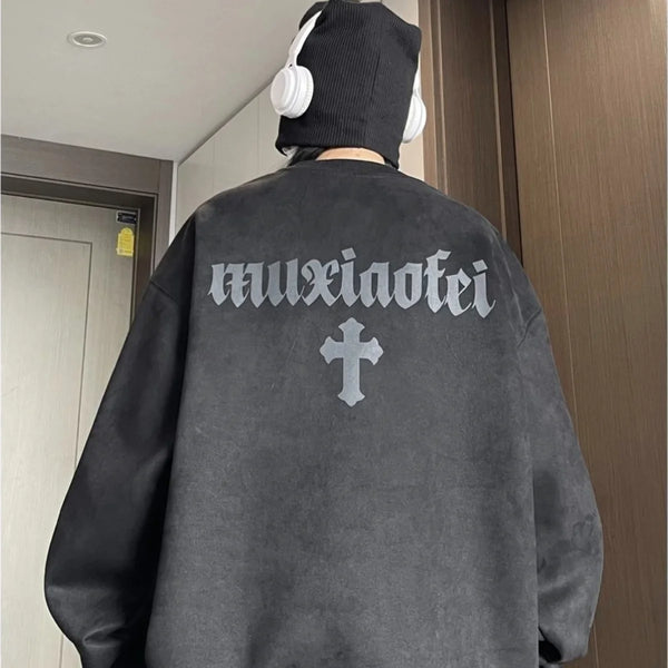 Winter Korean Trendy Suede Sweatshirt for Men in Autumn New Y2K American High Street Handsome Long-sleeved Couple Printed Top