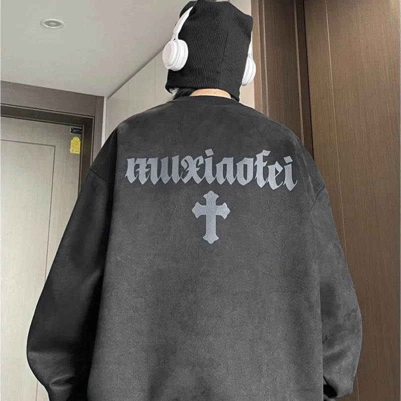 Winter Korean Trendy Suede Sweatshirt for Men in Autumn New Y2K American High Street Handsome Long-sleeved Couple Printed Top