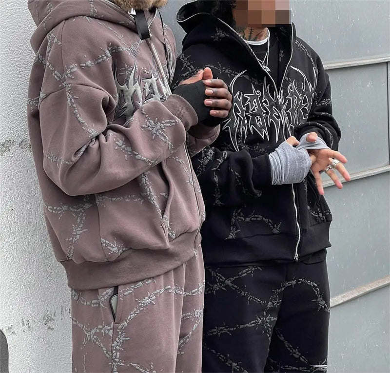 2024 European and American style loose men's zipper sweatshirt trend ins retro printed long-sleeved hooded jacket top