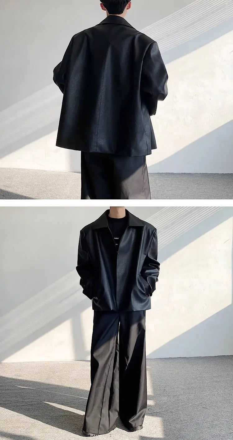 Black Cleanfit Shoulder Padded Leather Casual Jacket Men High End Hand