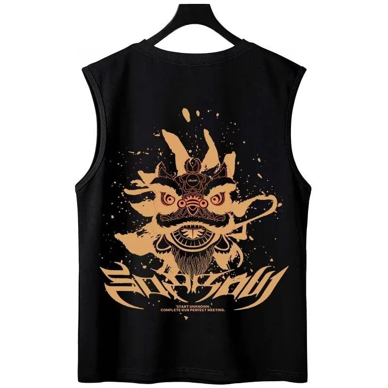 Gothic Oversized shirt – Summer Anime Lion Dance Printed Sleeveless T Shirt Men Overs