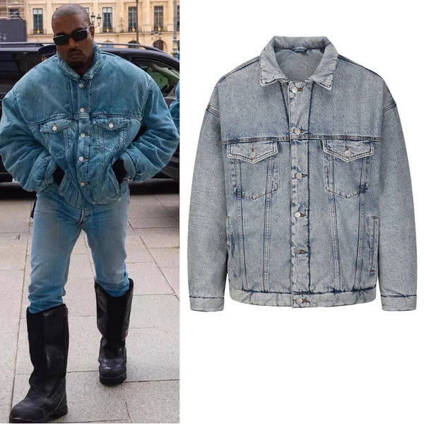 menswear fashion piece featuring high street washed retro kanye jeans thick winter coat lapel pockets oversized mens denim jacket hip hop unisex windbreaker top design – premium quality jacket for men
