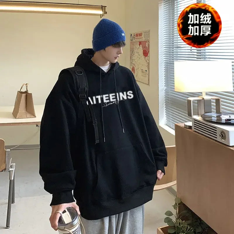 Burgundy Hooded Sweatshirt For Men 2024 Autumn And Winter New Tops Hea