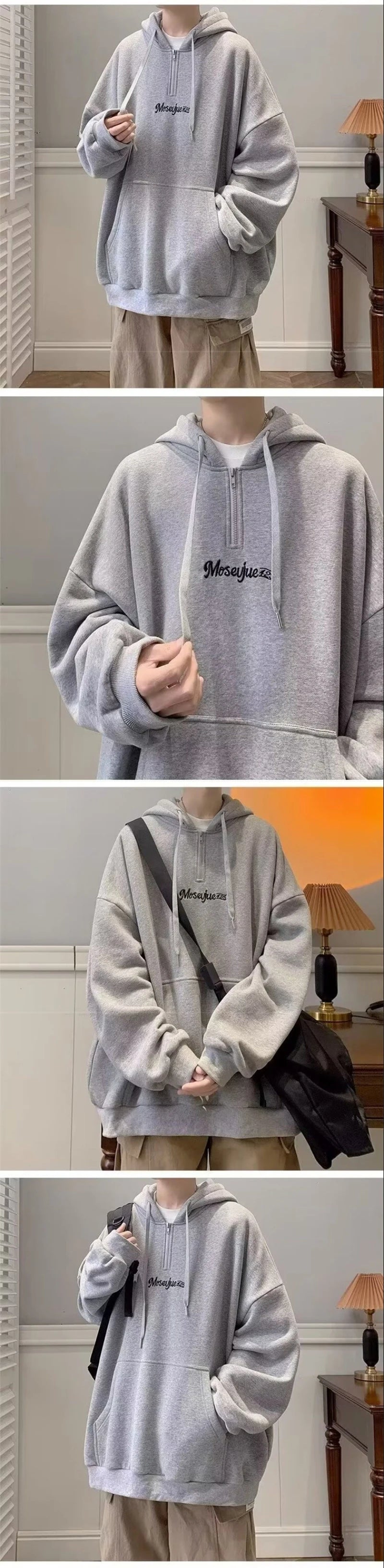 Autumn Letter Printed Half Zipper Hoodies For Men Y2K Streetwear Loose Hooded Sweatshirts New Vintage Fashion Pullover Hoody