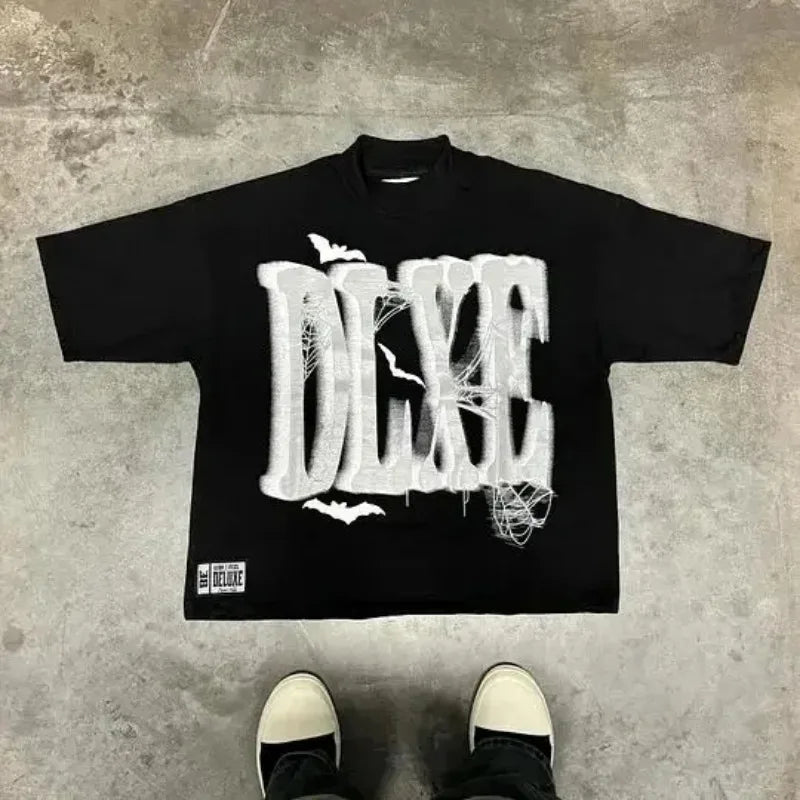 Harajuku Hip-hop Versatile Anime Letter Print Oversized Short-sleeved T-shirt Y2k Men Women Casual Loose Fashion Retro Top