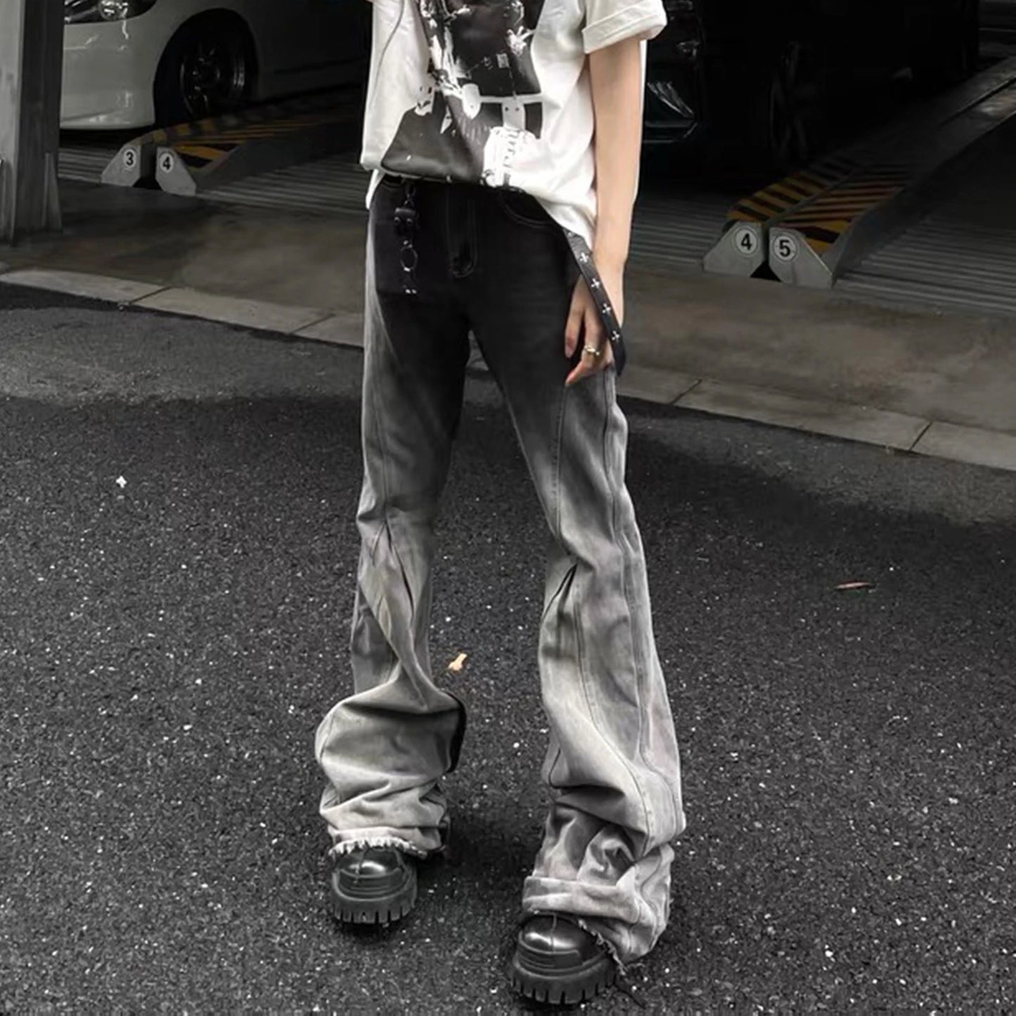 black gray gradient slim jeans floor mop flared pants high street new trendy fashionable hip hop washed vintage mens jean pants urban skinny jeans