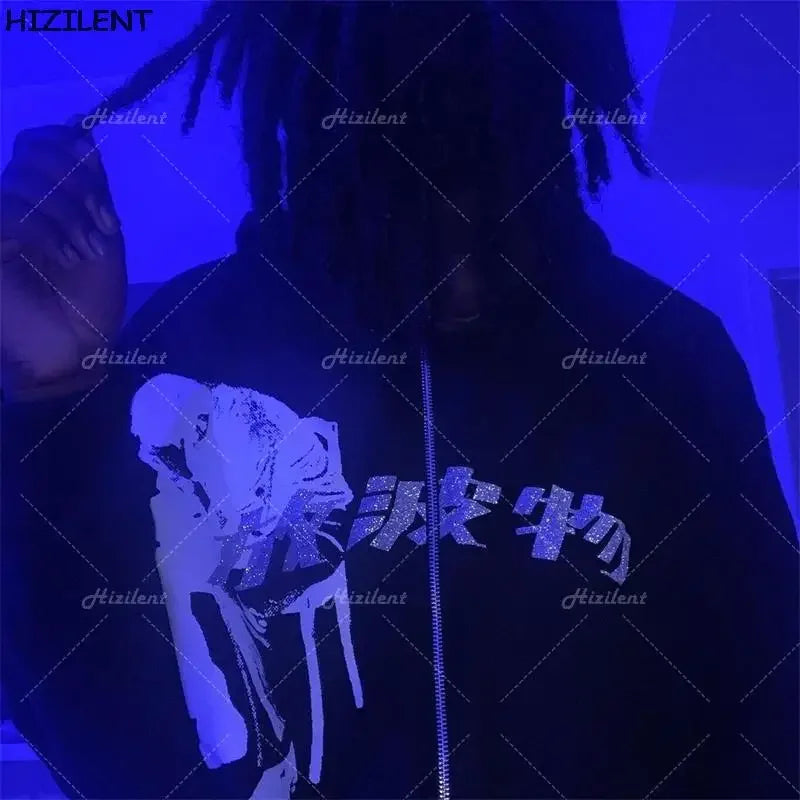 Hip Hop Glitter Graphics Mens Oversized Hoodies Joggers Y2K Aesthetic