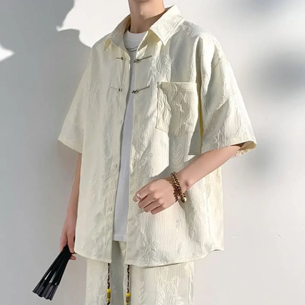 Mens Chinese Loop Buckle Jacquard Design Shirt Daily Casual Personality Versatile Loose Short-sleeve Tops Unisex 2024 Summer