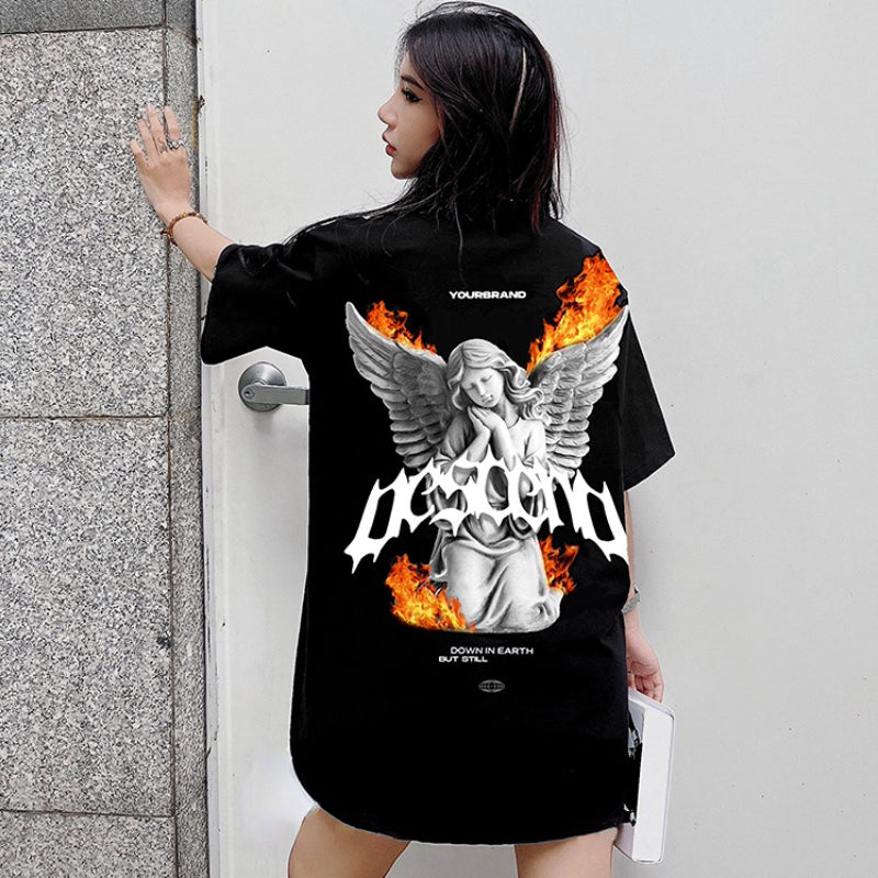 Gothic Chrome logo – Hip Hop Streetwear Men Oversized T Shirt Fire Printed Long S