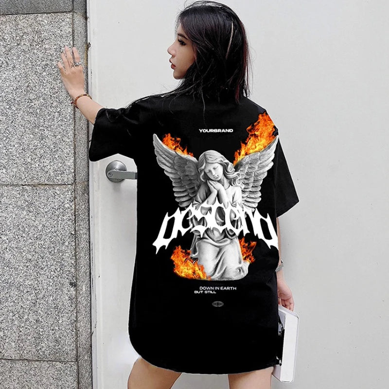 Gothic Chrome logo – Hip Hop Streetwear Men Oversized T Shirt Fire Printed Long S