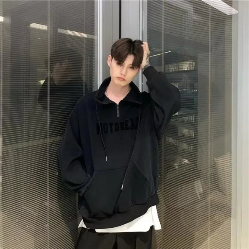 Street Half Zip Hoodie Mens Spring New Vintage Letter Embroidery Loose