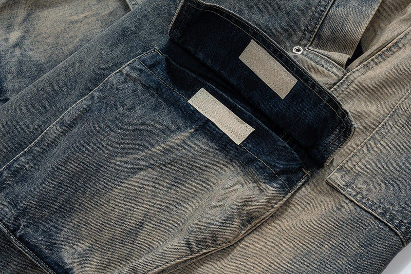 RO Style Gradient Ribbons Multi-pockets Drawstring Jeans for Men Harajuku Streetwear Baggy Y2K Denim Trousers Oversized Cargos