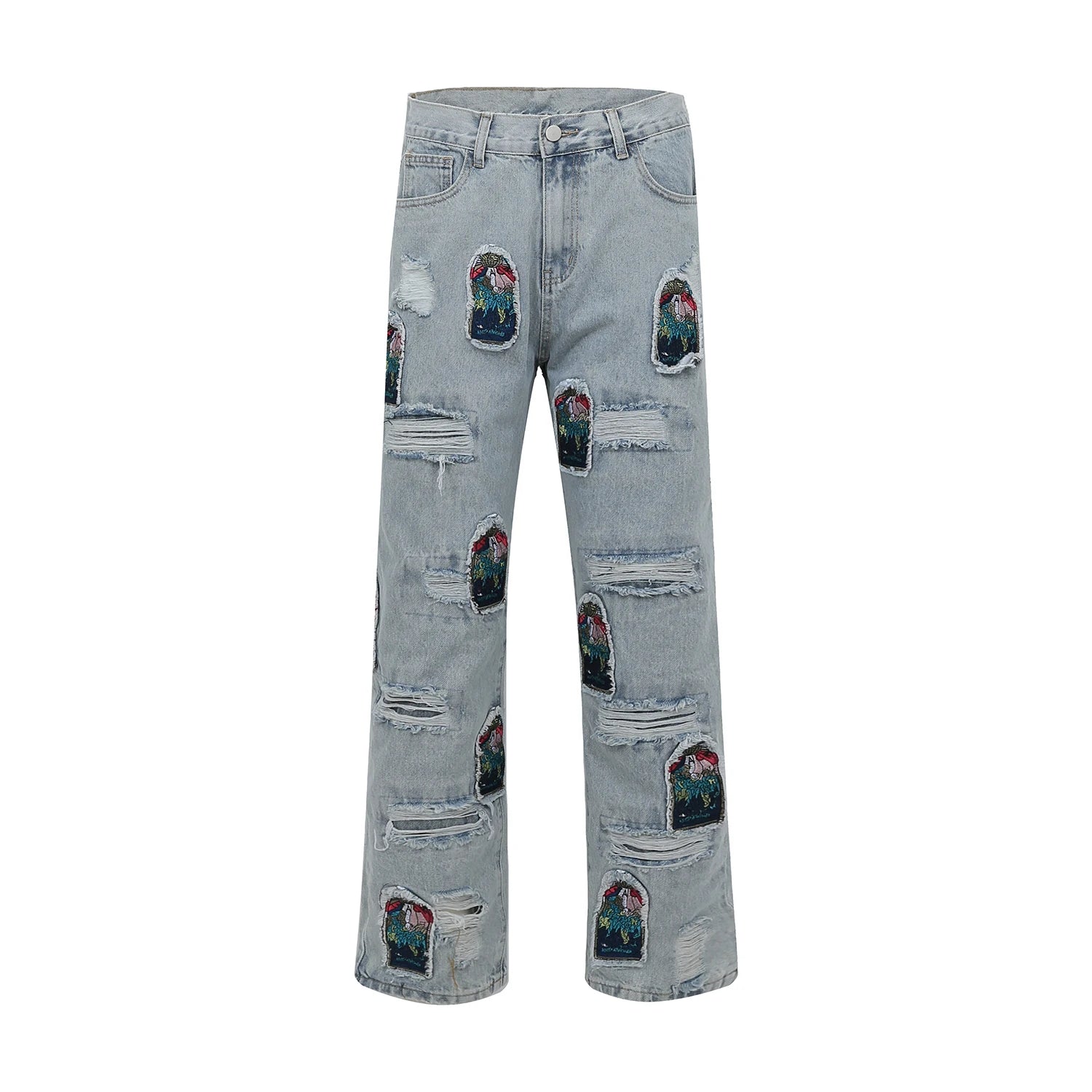 retro patch embroidered pleated jean for men street wear washed destroyed straight patchwork ripped jeans pants baggy hip hop vintage washed jeans
