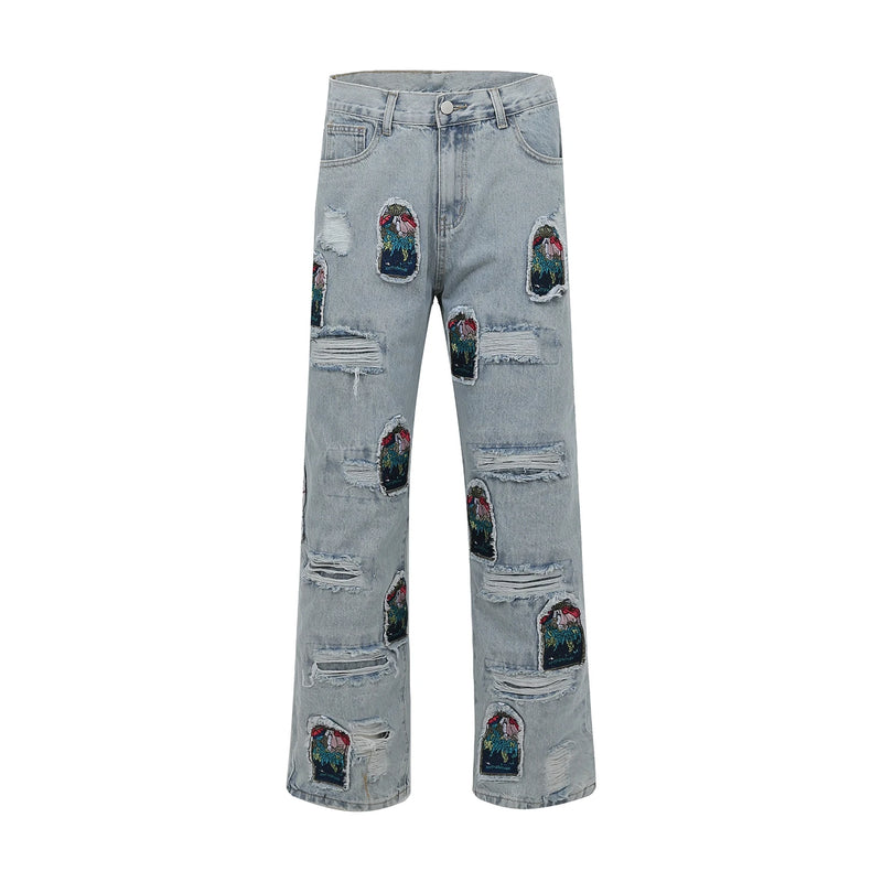 retro patch embroidered pleated jean for men street wear washed destroyed straight patchwork ripped jeans pants baggy hip hop vintage washed jeans