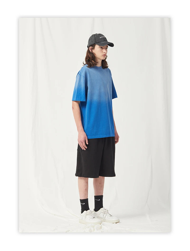 Spring Summer New Products Fried Color Wash Water Gradient Color Loose Short-sleeved Casual Basic Bottoming Round Neck
